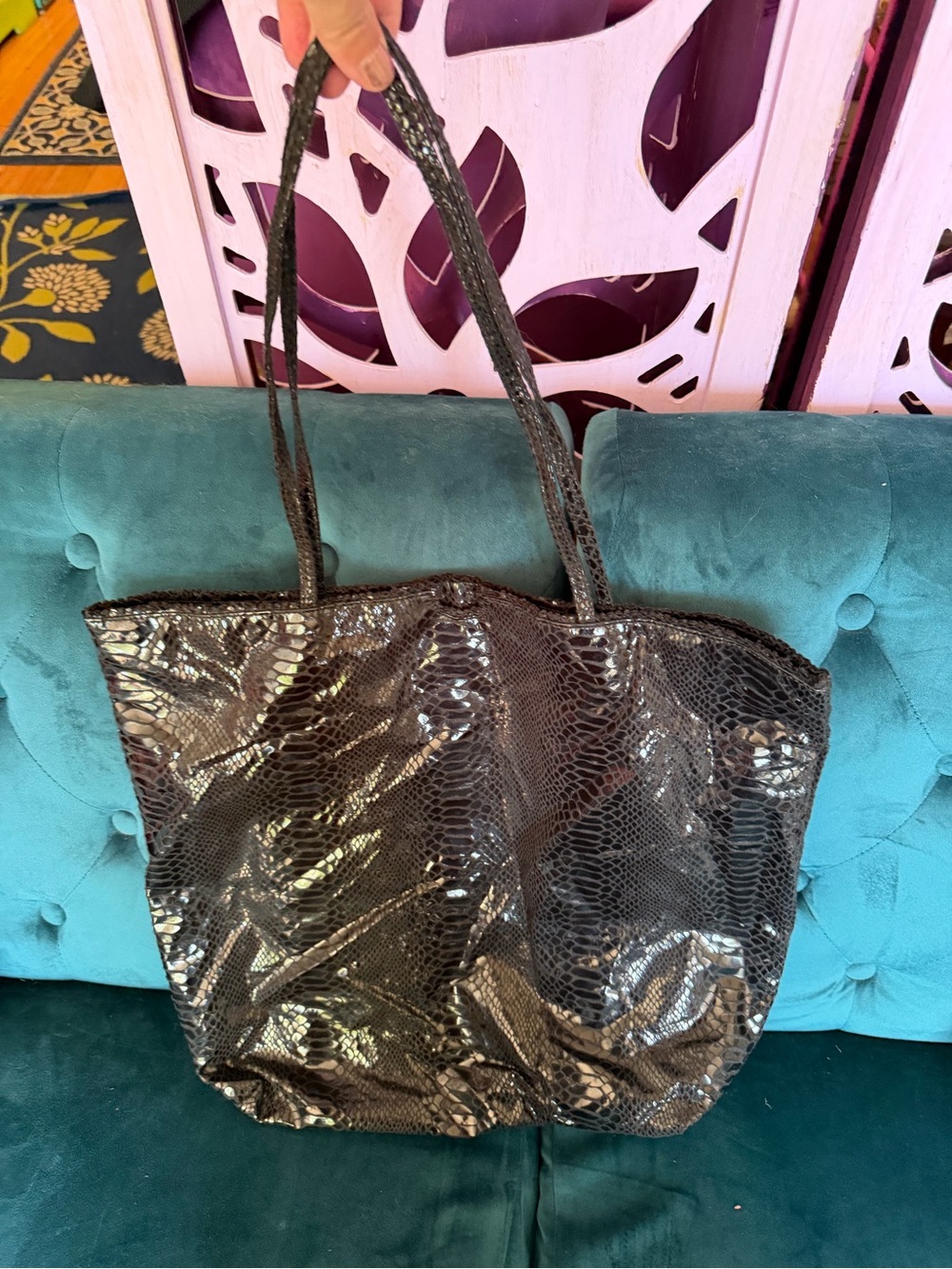 Carlos Falchi Shiny Black Snake-Embossed Tote
